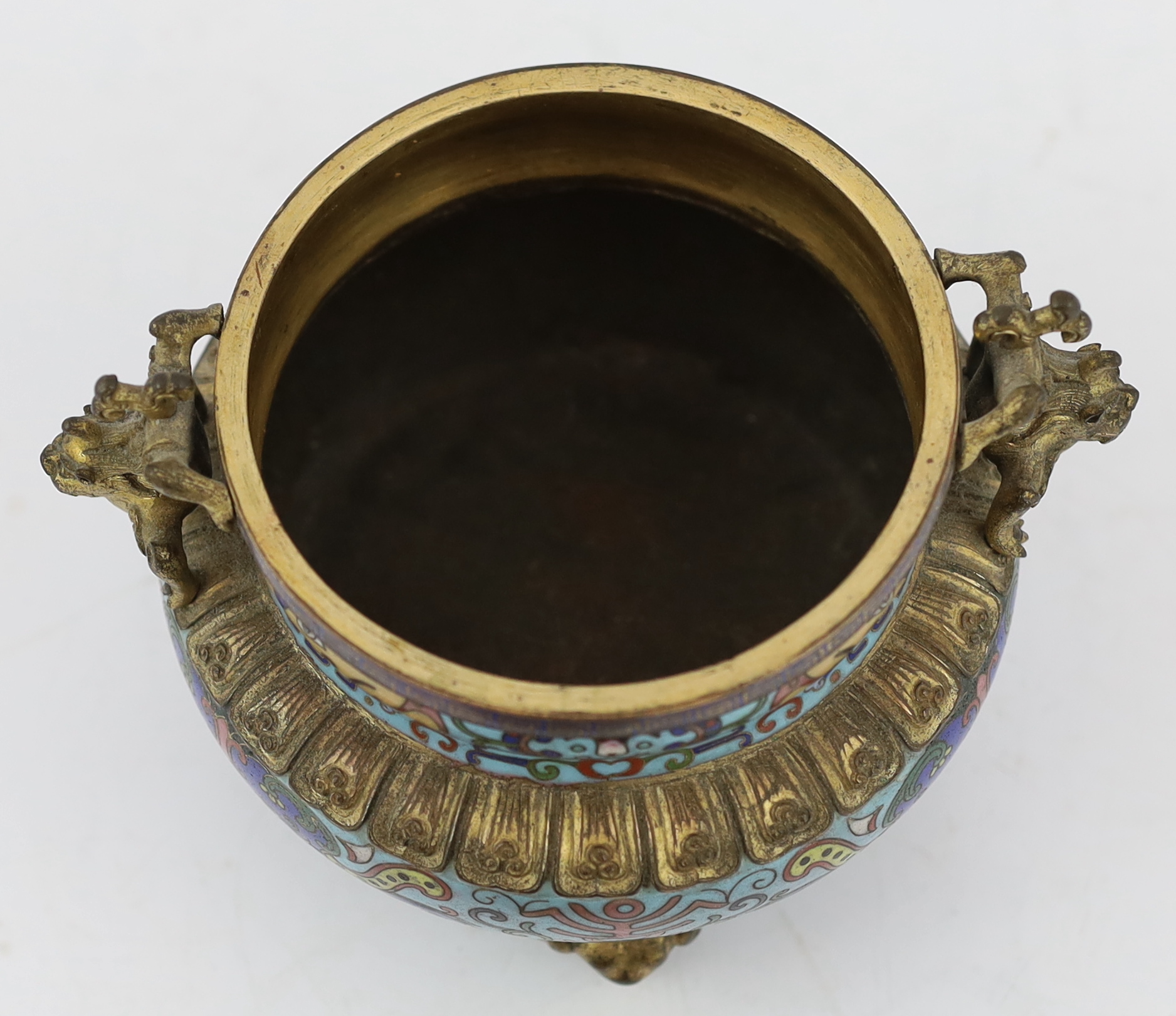 A Chinese cloisonné enamel and gilt bronze mounted censer and cover, 19th century, minor damage